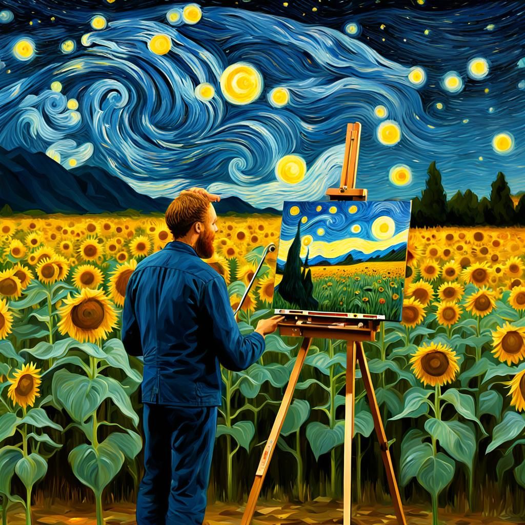 Van Gogh Painting Starry Night in Sunflower Field