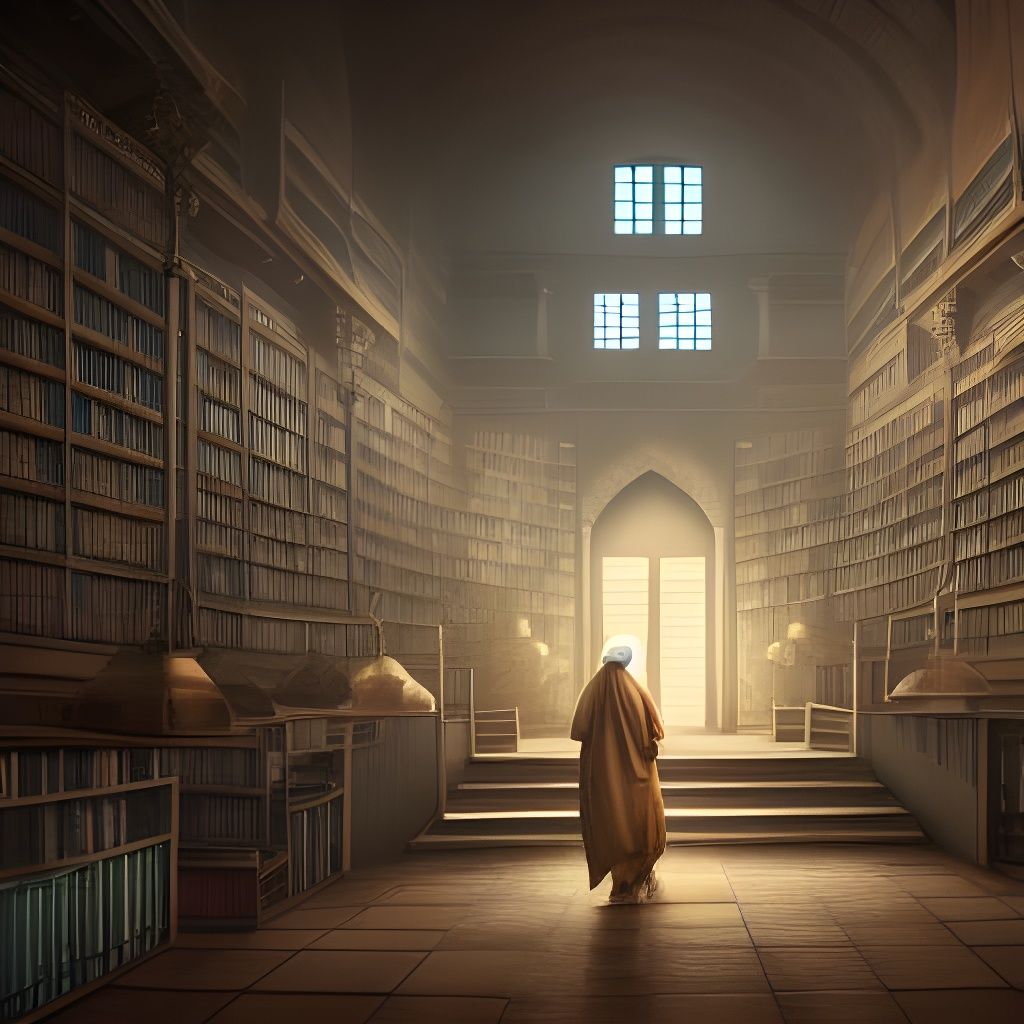 Arabic Librarian in Expansive Library: Detailed Matte Painti...