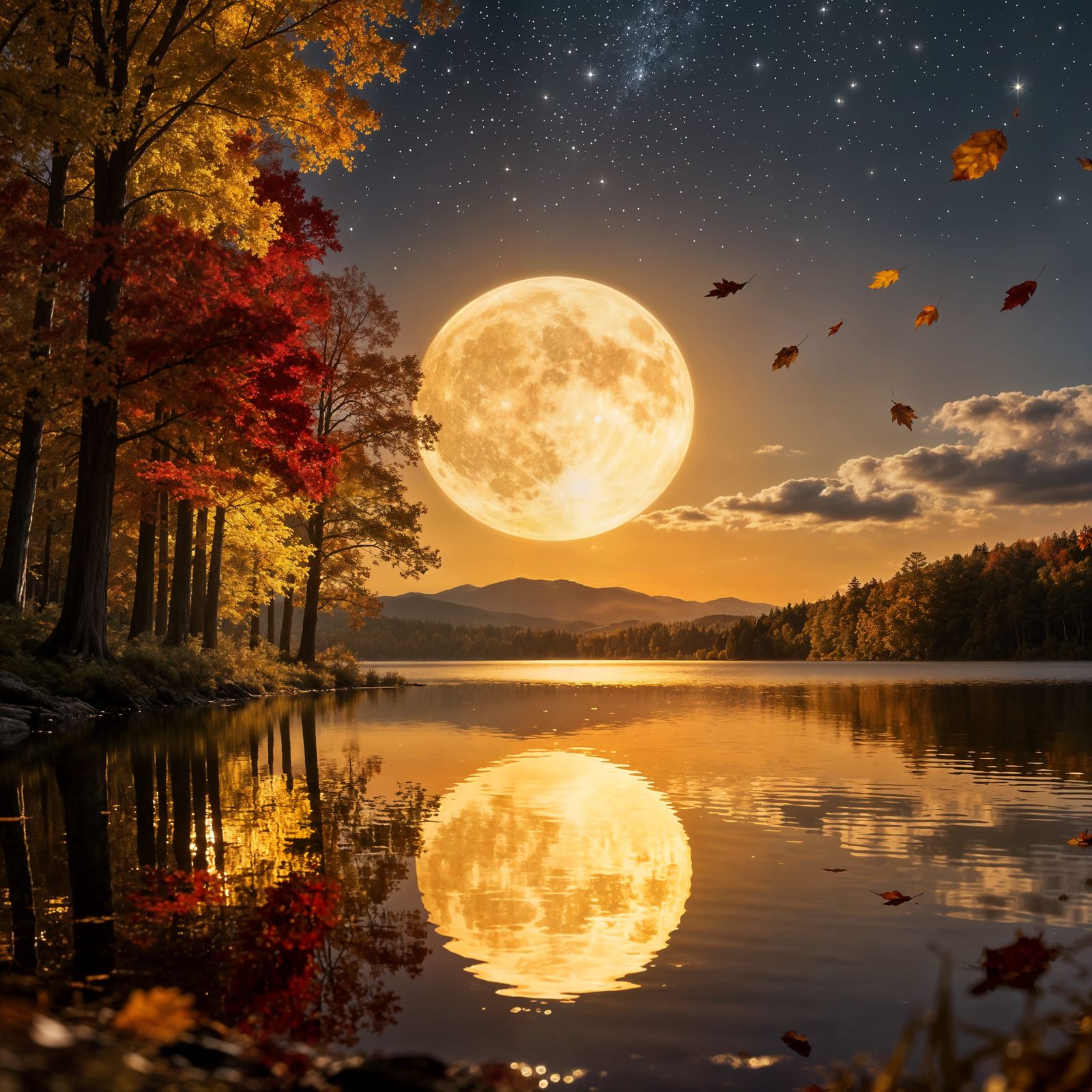 Serene Autumn Lake Reflects Glowing Full Moon