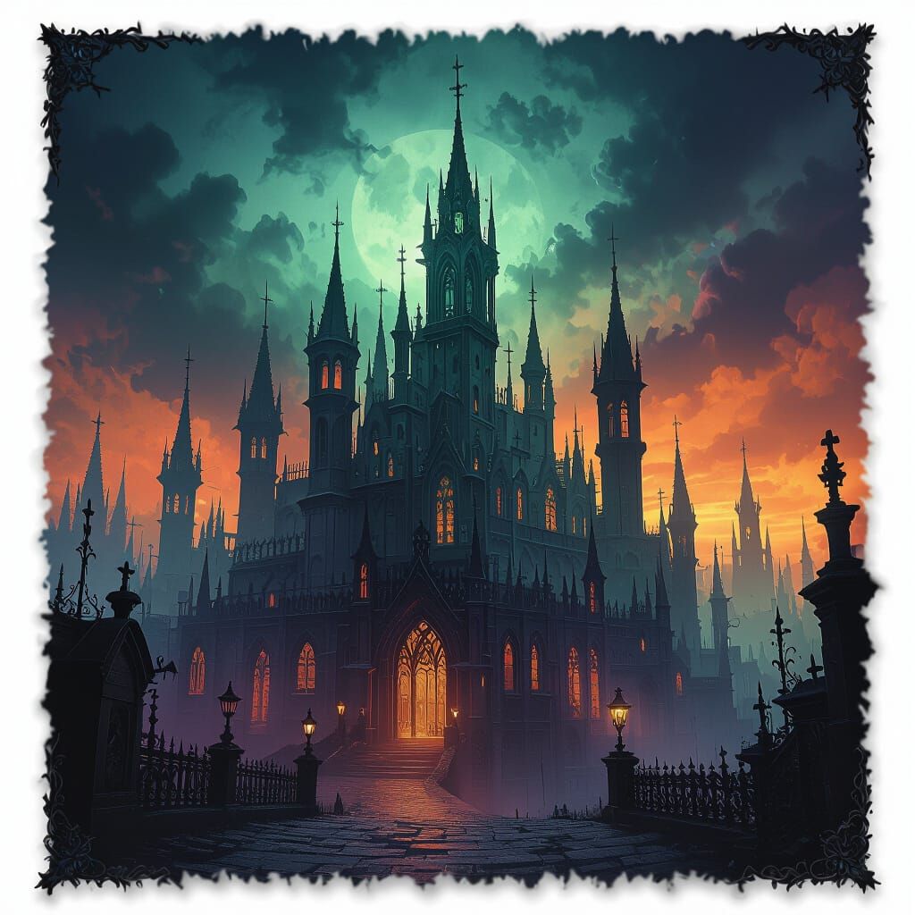 Surreal Gothic Cityscape in Black, Green, Purple, Orange
