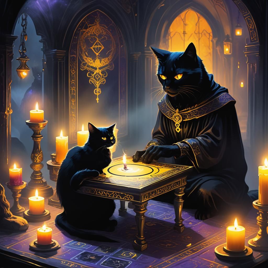 Mystical Black Cat Reads Tarot Card: Fantasy Art