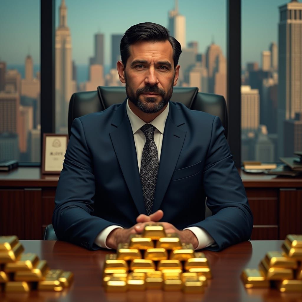 Hyperrealistic Man in Suit Surrounded by Gold Bars