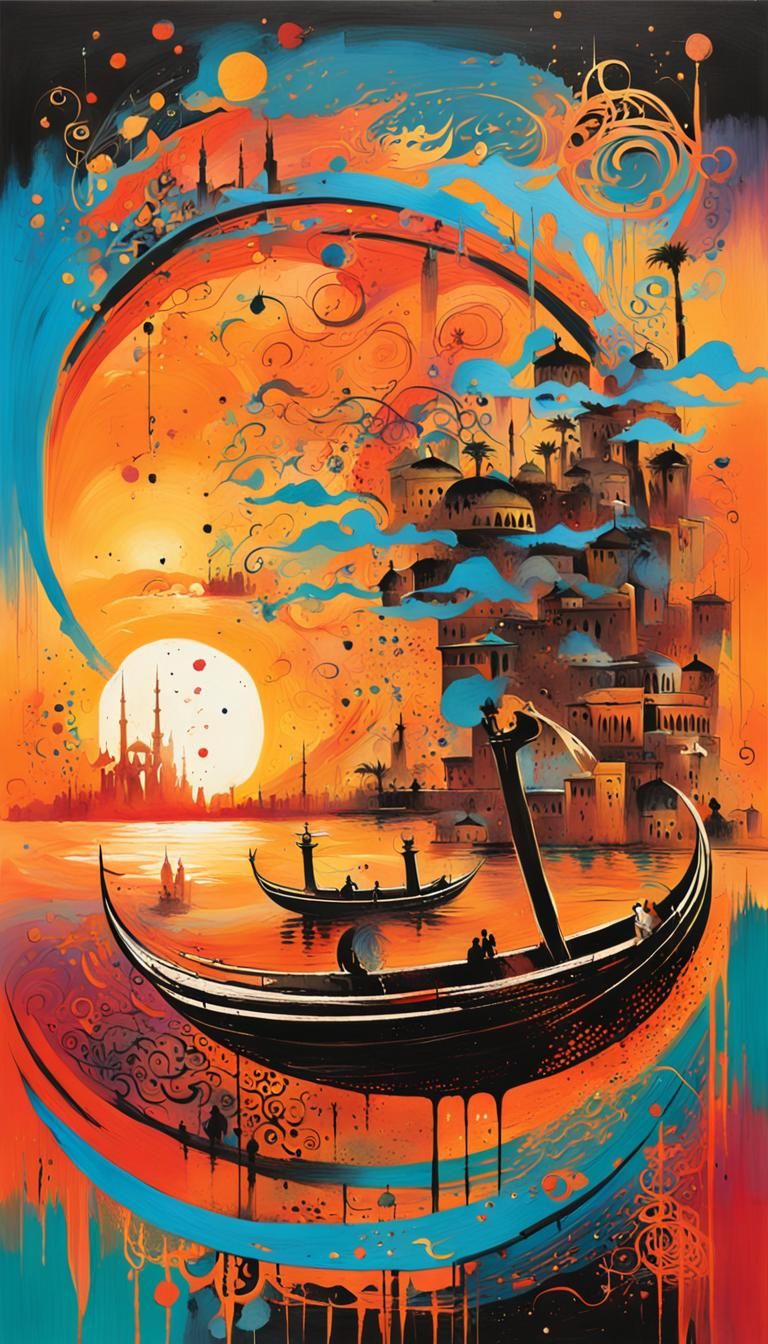 Abstract Arabic calligraphy by Hassan Massoudy, Nile River s...