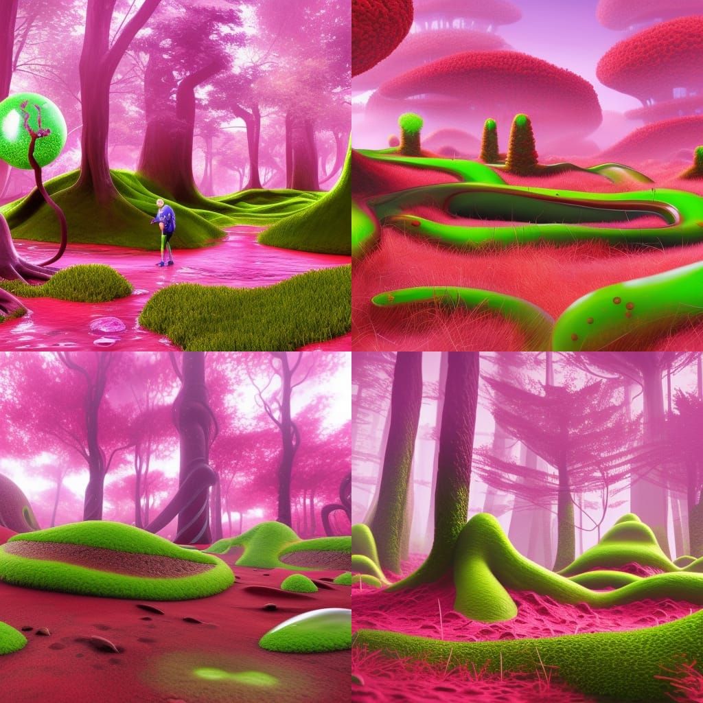 Hyperrealistic Green Slime World with Red Grass