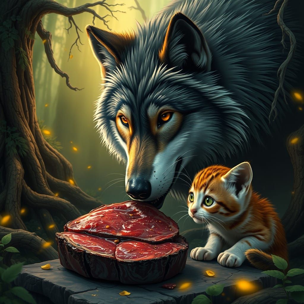 Wolf Nudges Steak to Kitten in Enchanted Forest