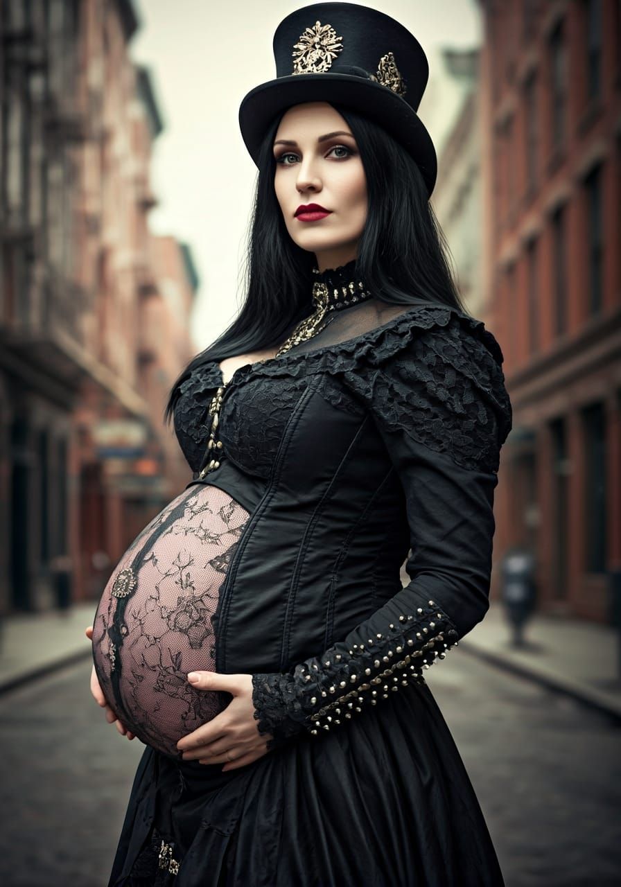 Pregnant Woman in Heavy-Metal Victorian Fashion