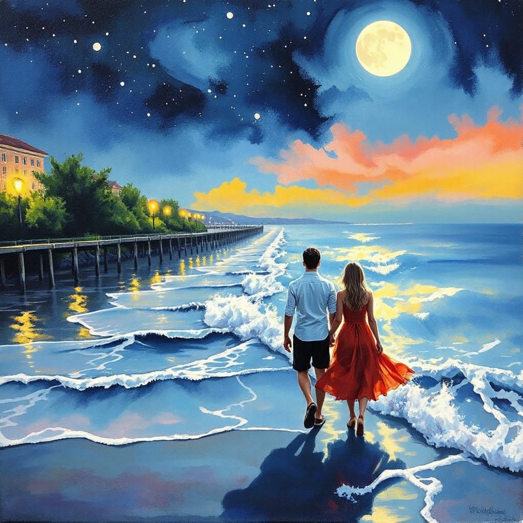 Romantic Summer Night Gouache Painting of Couple