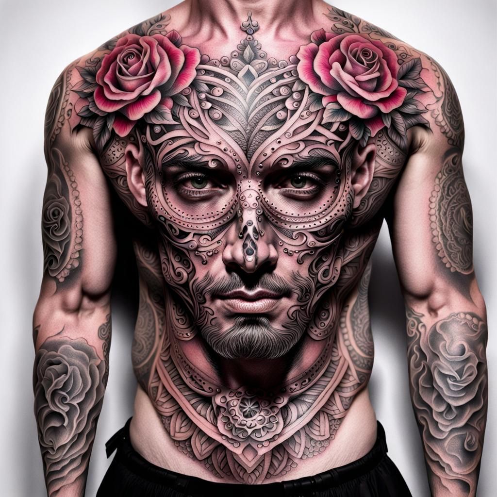 Tattooed Man in Pink Tutu, Intricately Detailed
