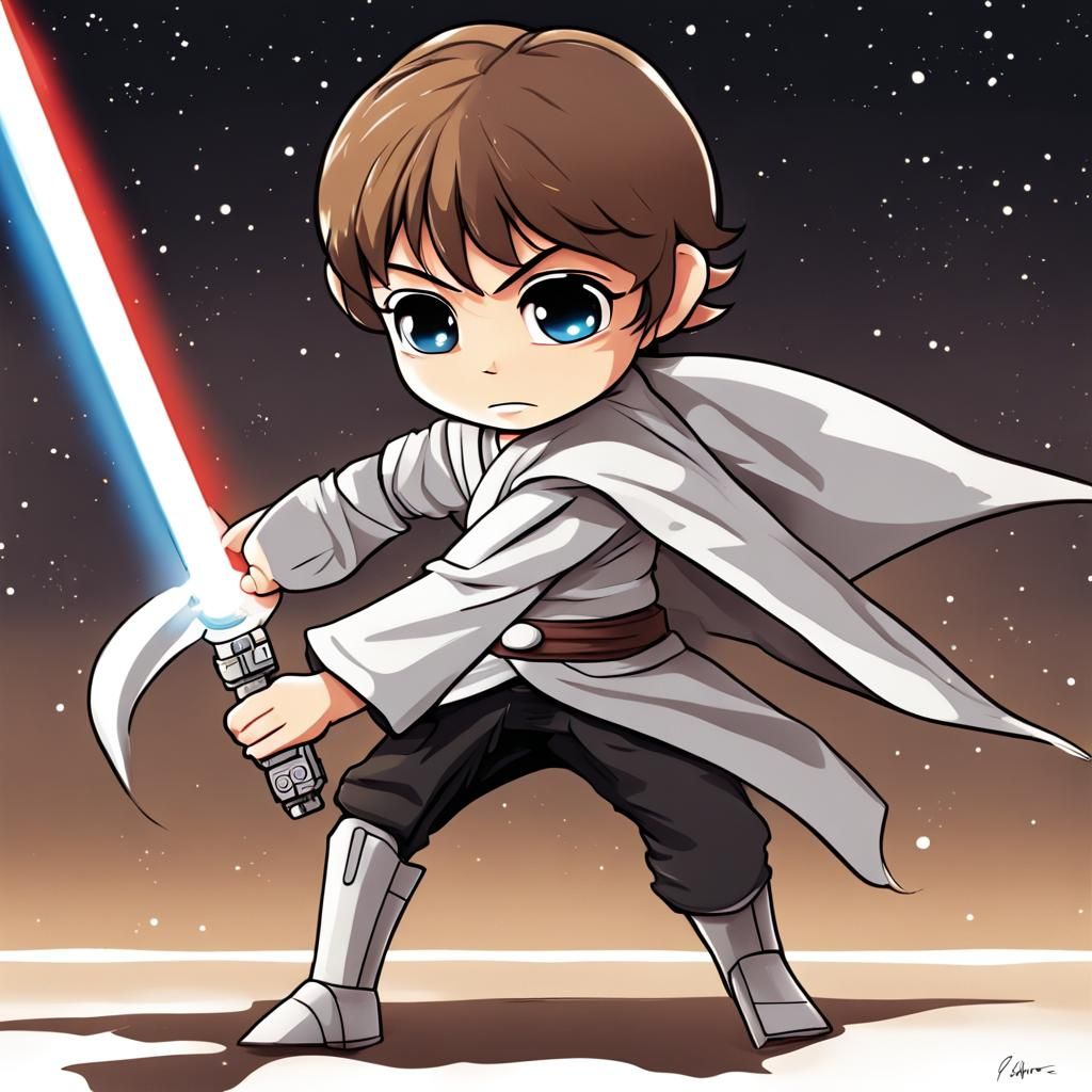 Chibi star wars character fighting with light sabre