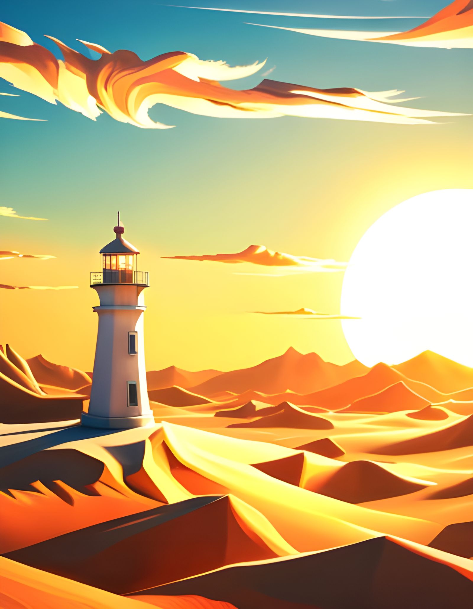 Desert Lighthouse with Spaceship in Rococo Style