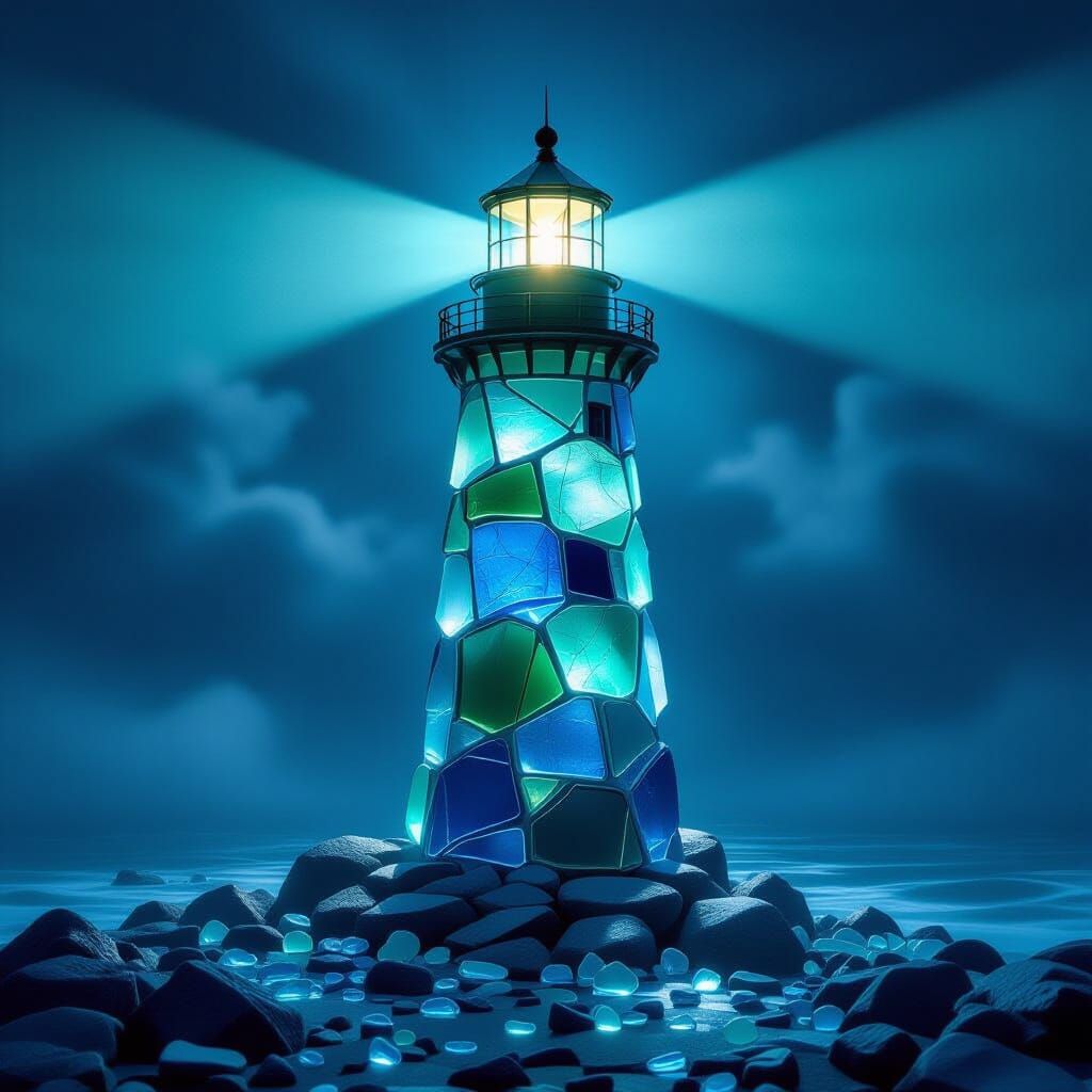 Emerald Cobalt Sea Glass Lighthouse Beam Cutting Mist