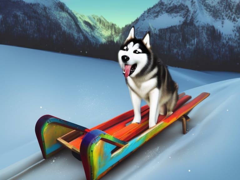 Happy Husky Sledding Downhill in Winter: Hyperrealistic Spla...