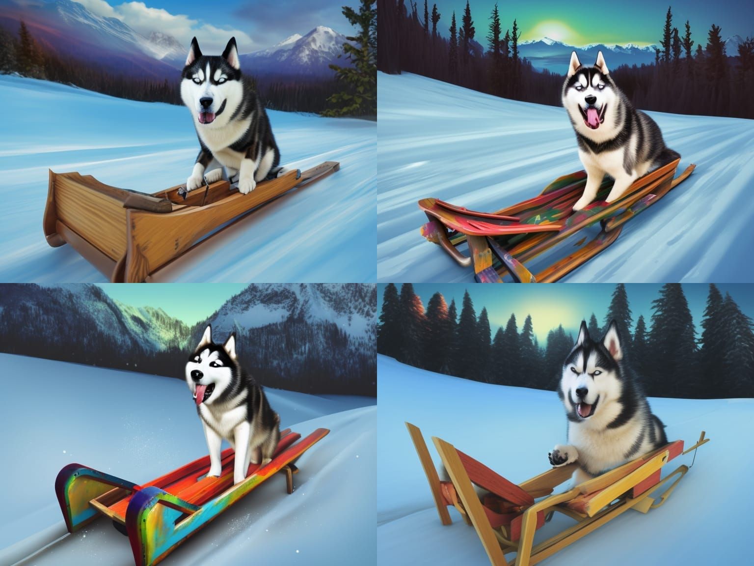 Happy Husky Sledding Downhill in Hyperrealistic Splash Art