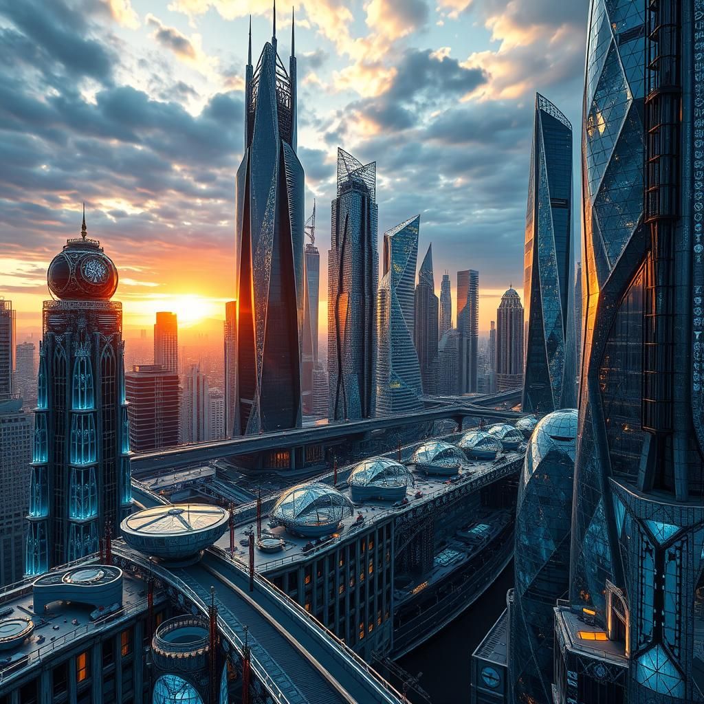 Crystalline Glass Cityscape at Sunset, Hyper-Photorealistic