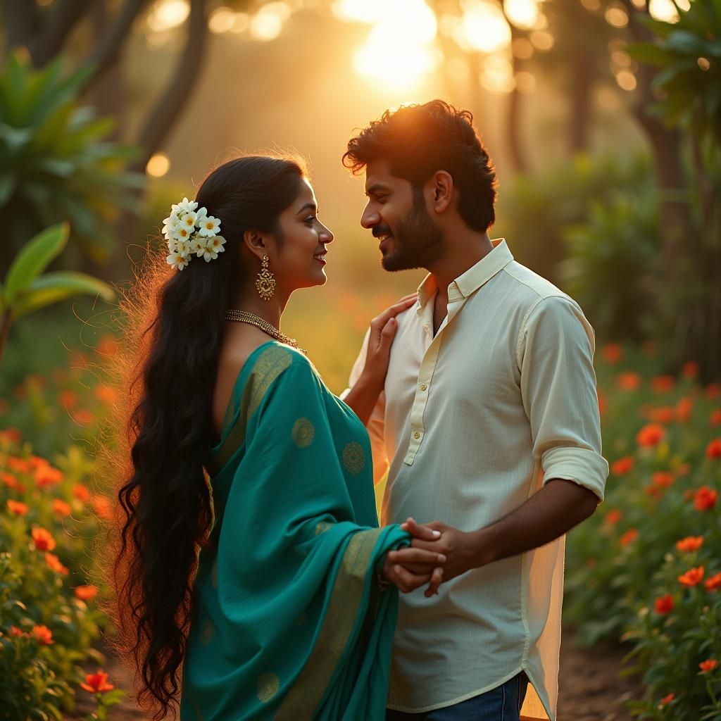 Kerala Couple's Romantic Waltz in Garden, Cinematic Style