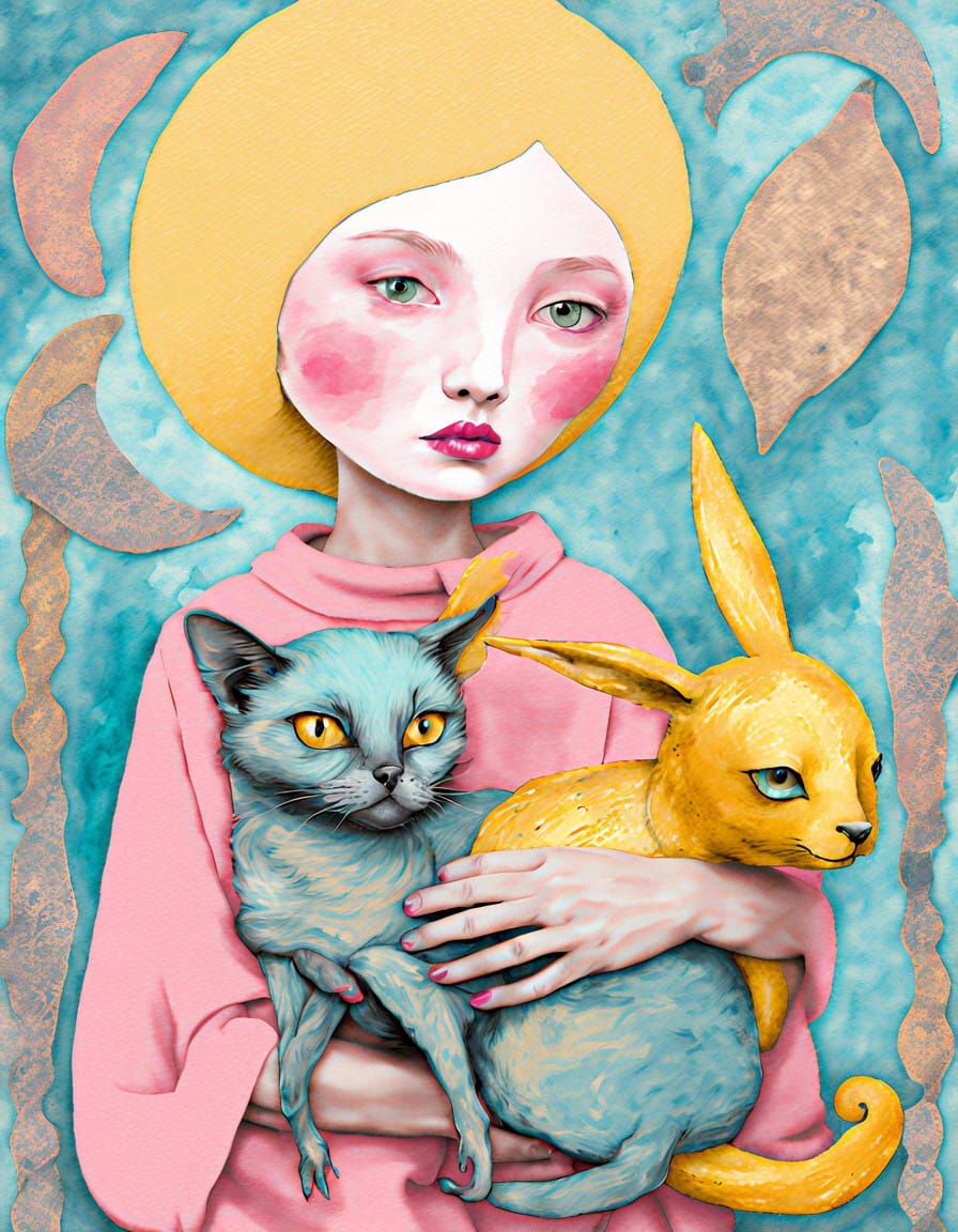 Whimsical Folk Art Portrait with Fantasy Pet
