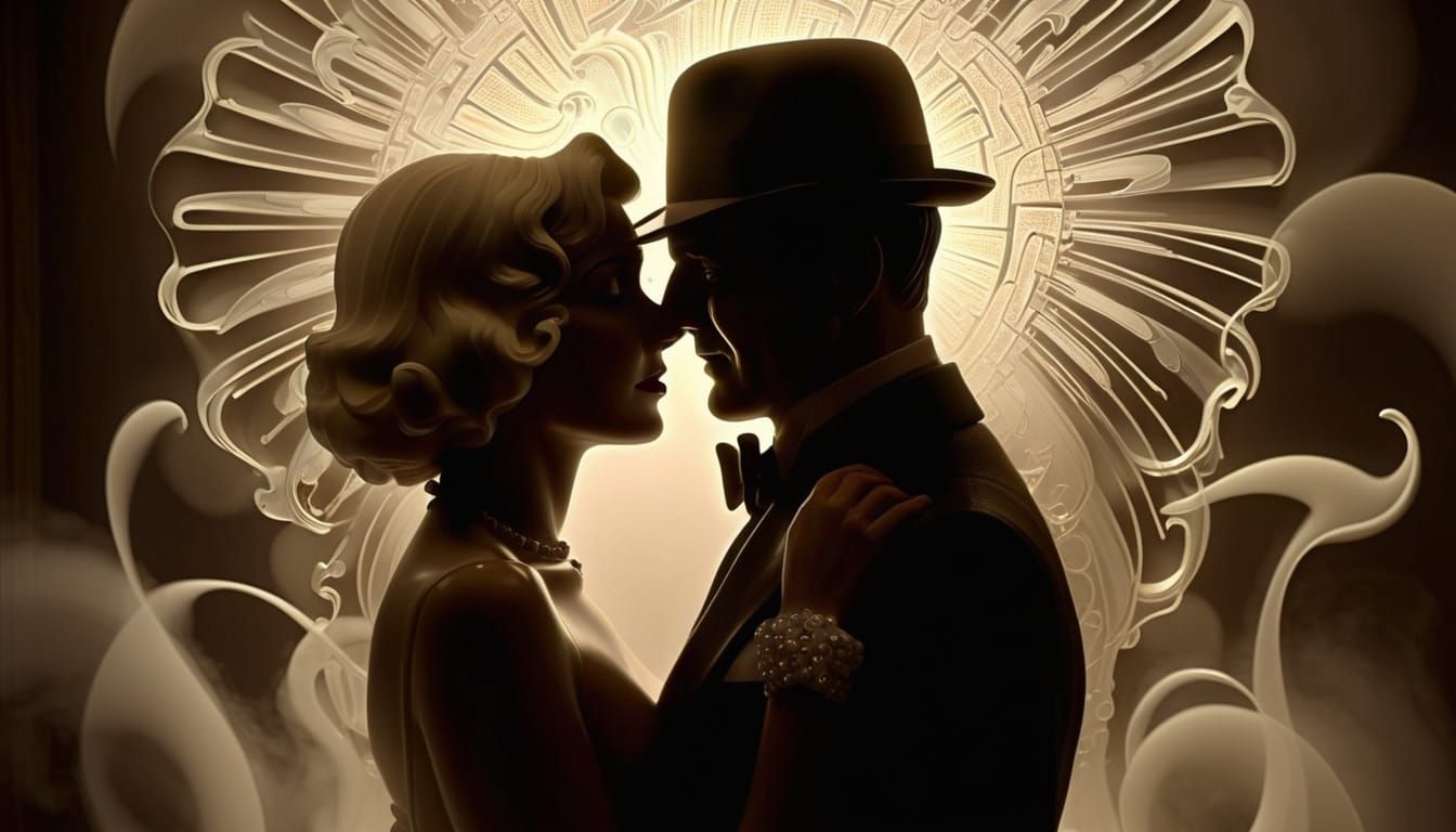 1930s film noir sinister elegant man woman fractal opart fog beautiful  shadows waves sculpture  3D deco nouveau standal...