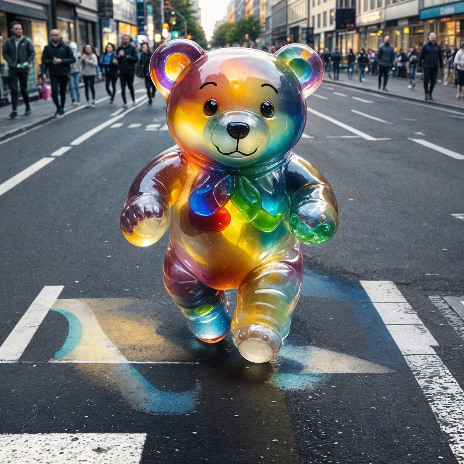 Translucent Jelly Bear Races Through City Streets