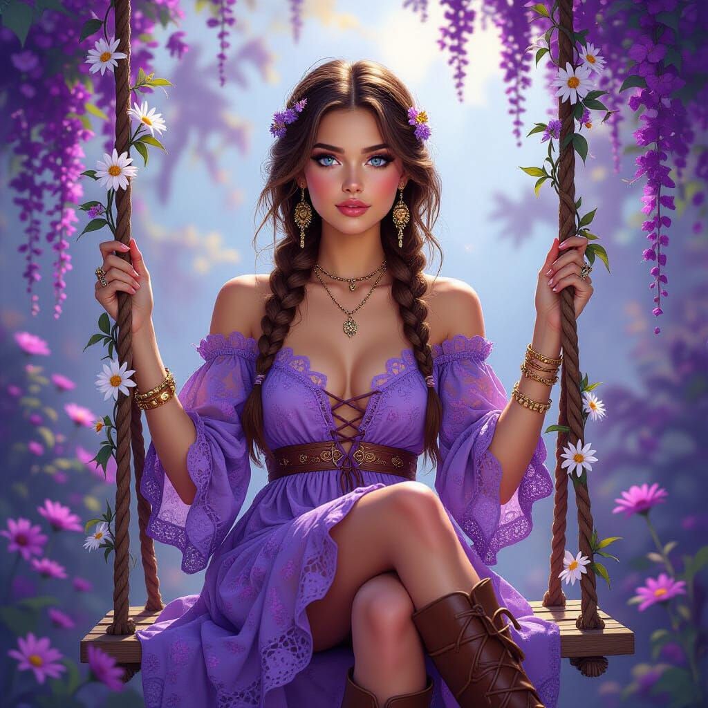 Boho girl on Swing Metallic paint, Digital illustration, A cute bo-ho girl, long brown hair with braids, small soft blue...