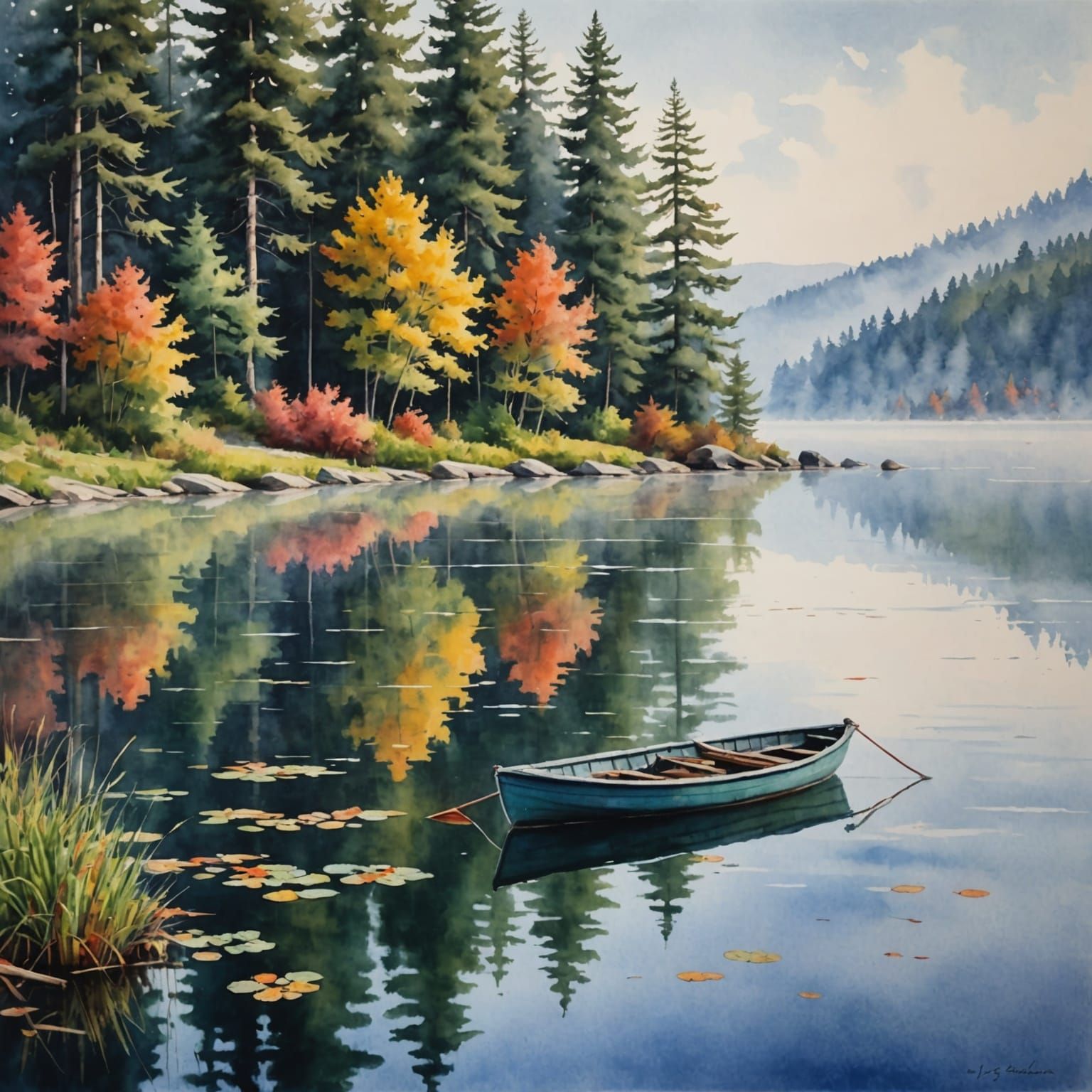 Foggy Lake: A Detailed Gouache Watercolor Painting