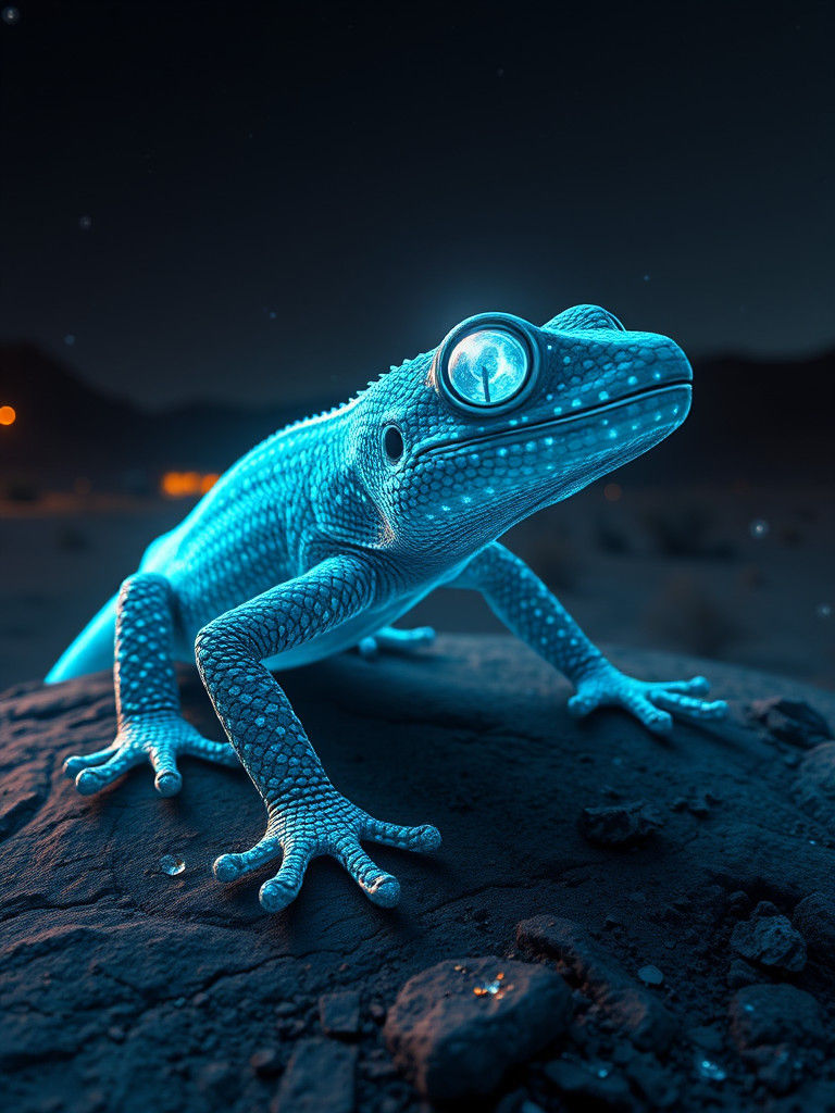 Mystical Cyberpunk Hologram of a Gecko in a Desert Landscape