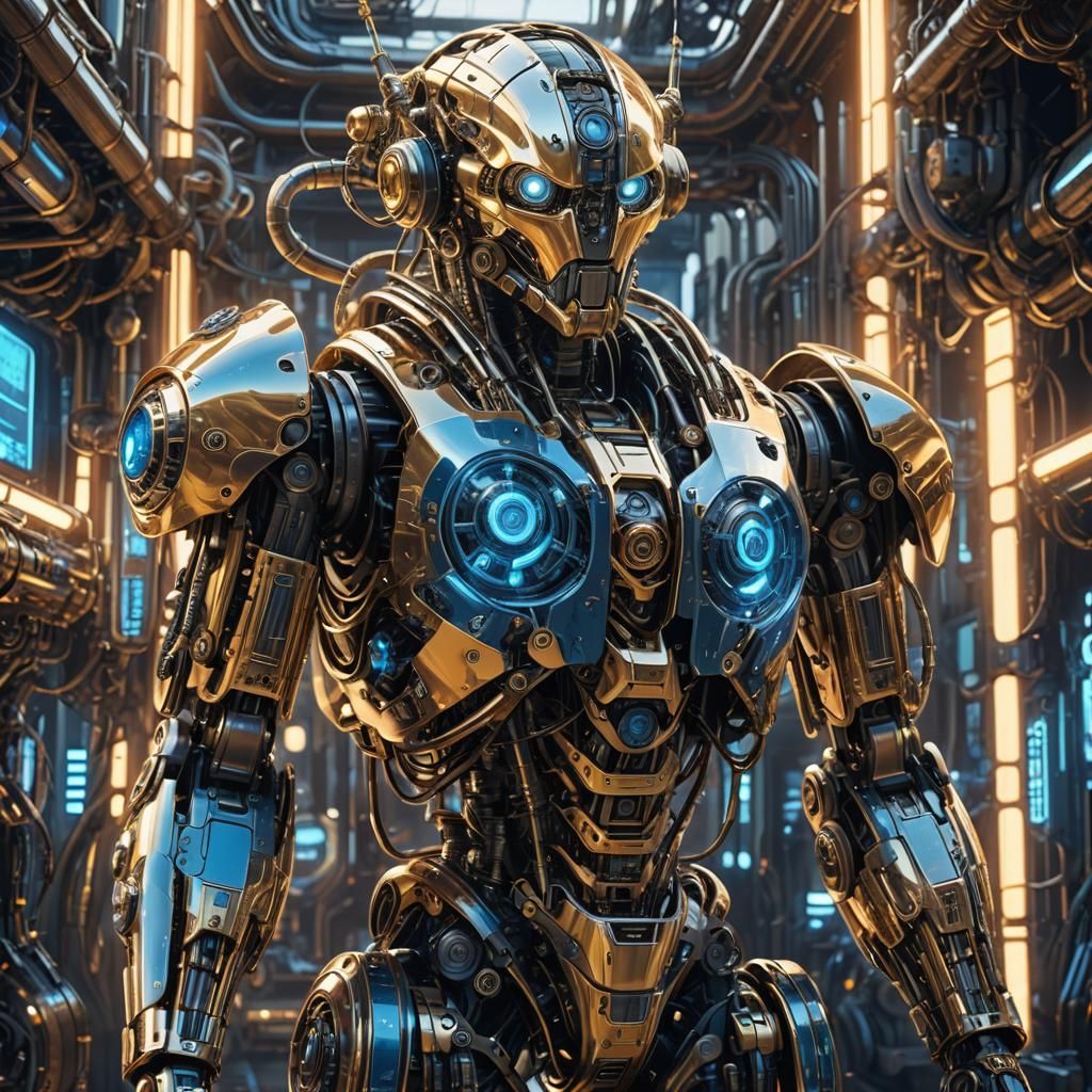 Futuristic Robot with Glowing Circuits in Steampunk Style