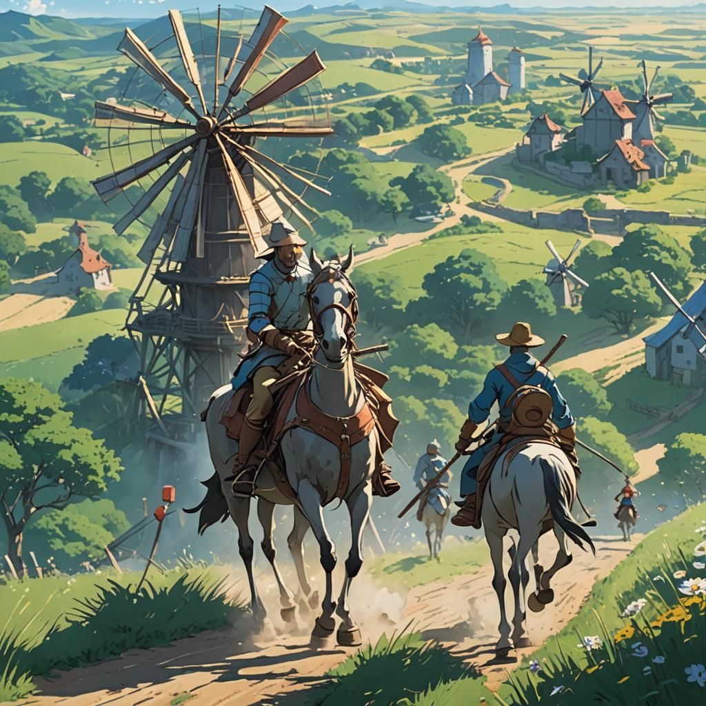 Don Quixote's Tragicomic Battle, Anime-Inspired Illustration