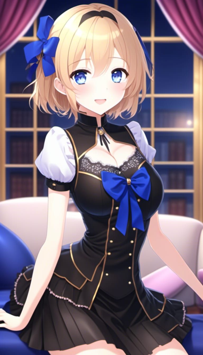 Cute Anime Girl with Sapphire Eyes in Filigree Dress