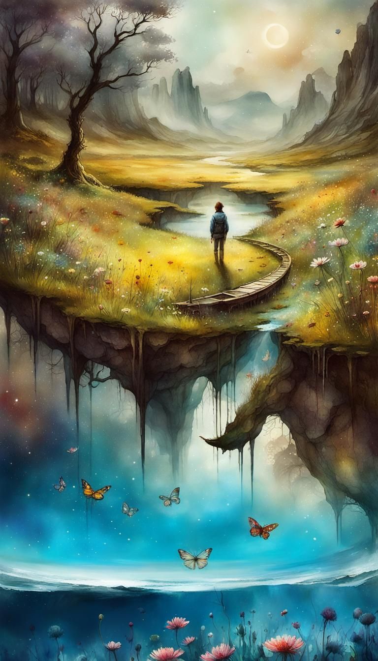 Surreal Watercolor Meadow Landscape with Planets