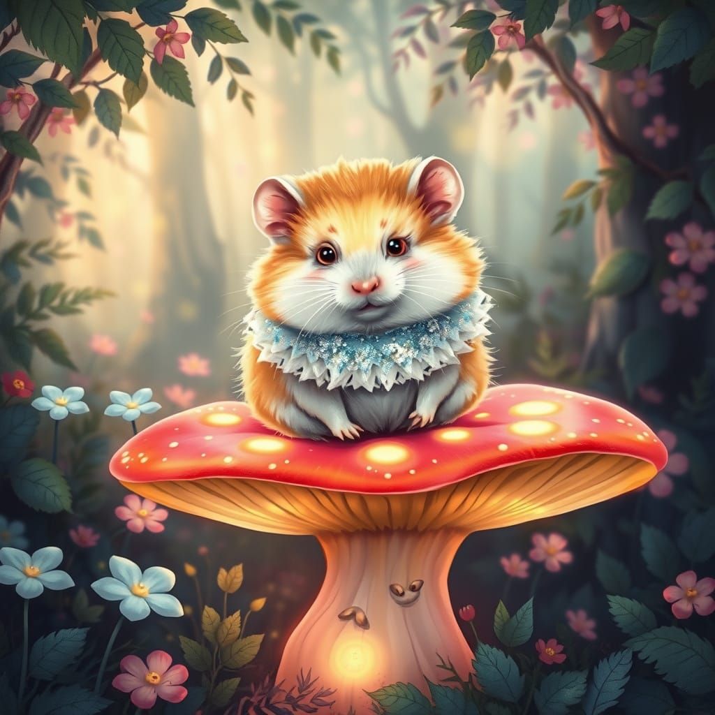 Rainbow Hamster in Magical Bioluminescent Forest