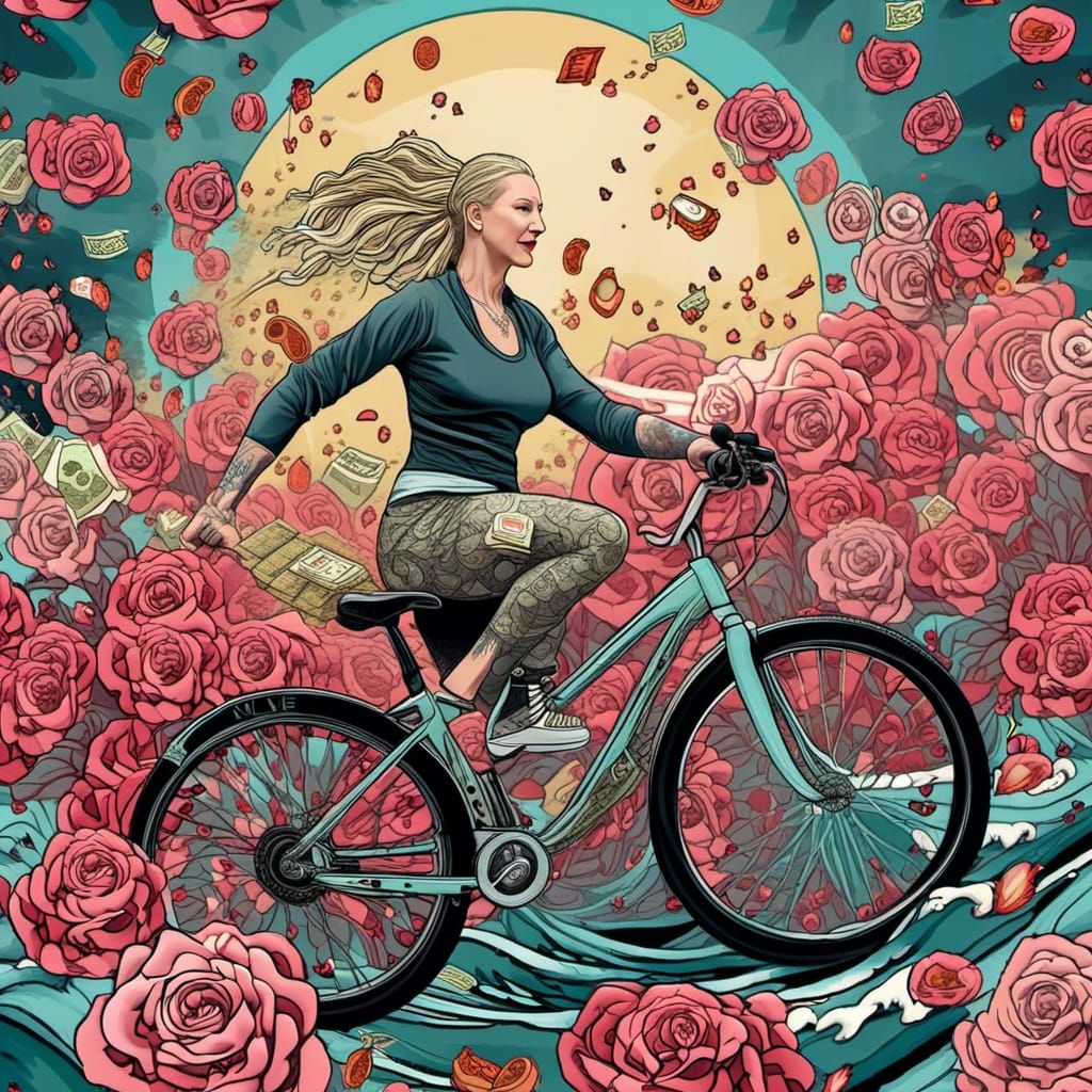 Woman Rides Bike Through Abstract Rose and Money Wave