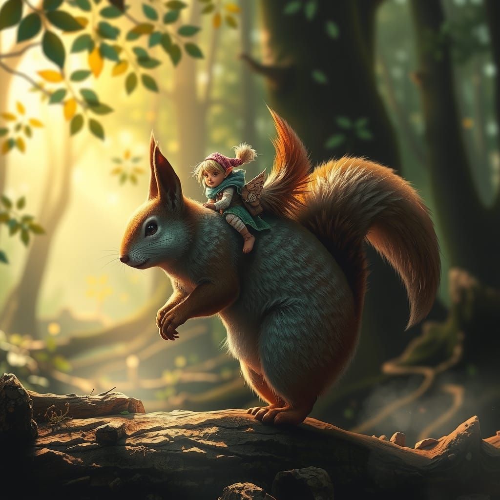 Gnome Girl Rides Squirrel Through Forest