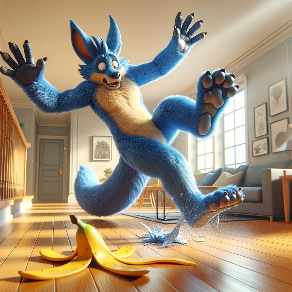 Blue Creature Slips on Banana Peel in Modern Home