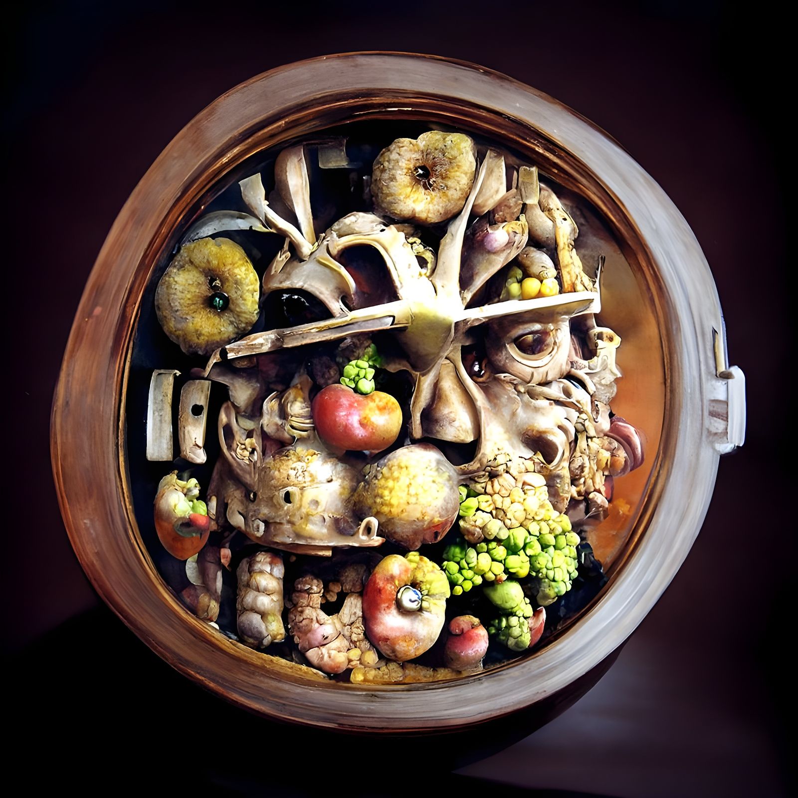 Fruit Clock Still Life in Biopunk Style