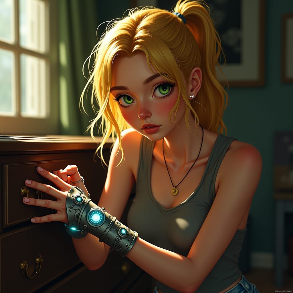 Young Woman Finds Gravity Cuffs: Digital Illustration