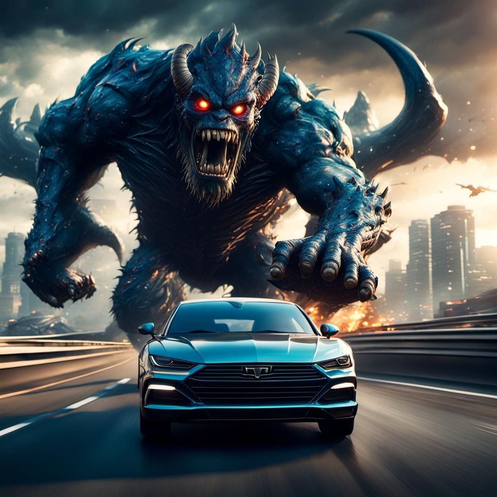 Monster Chasing Cars on Highway: Fantasy Concept Art
