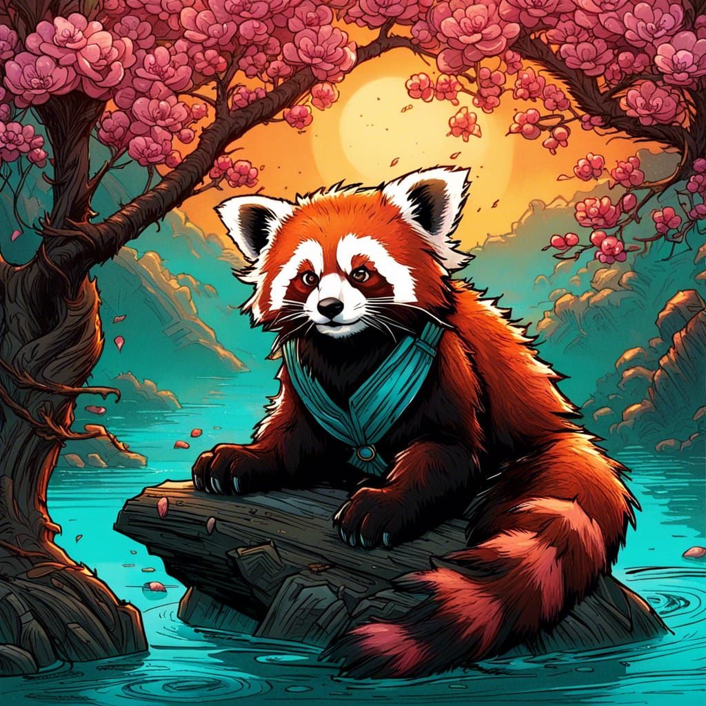 High Gothic Red Panda Under Cherry Blossom Tree