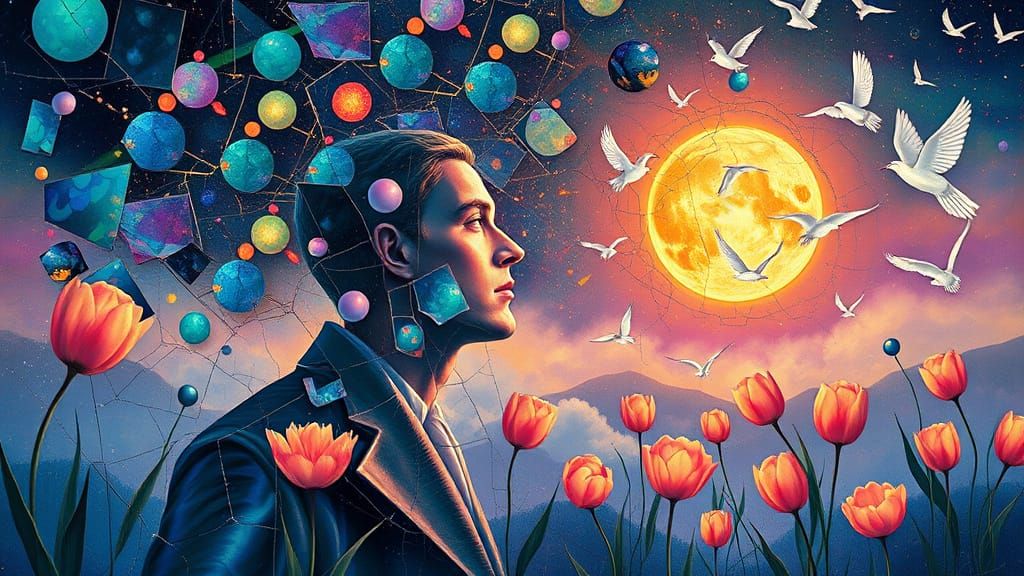 Iridescent Opal Man with Tulips in Ethereal Style