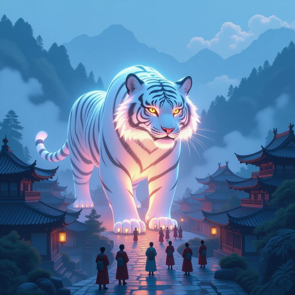 Glowing White Tiger Lantern in Mountain Village