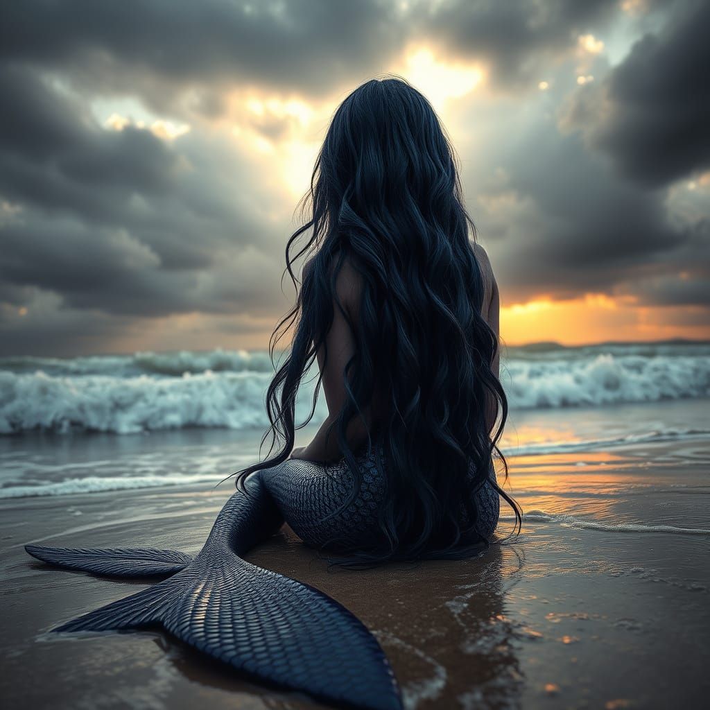 Hyper Realistic Stormy Beach Scene with Serene Mermaid