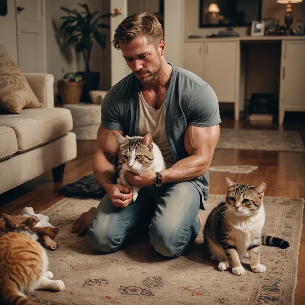 Emotional Portrait of Man Crying with Comforting Cat