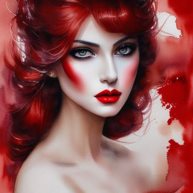 Watercolor Portrait of a Beautiful Woman in Red