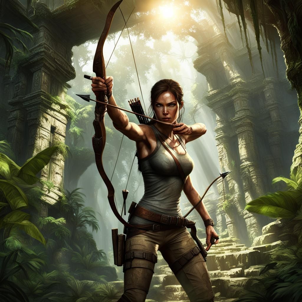 Lara Croft Style Woman in Jungle Ruins