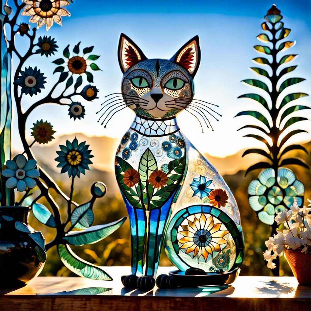 Whimsical Glass Cat Suncatcher, Folk Art Style