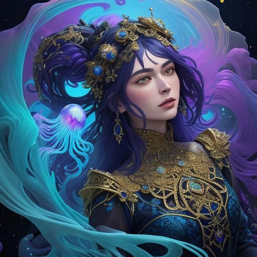 Galaxy Jellyfish Portrait in Ornate Gilded Style