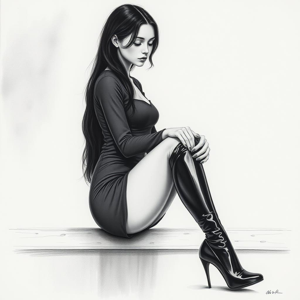 Statuesque Young Woman in Charcoal Drawing Style