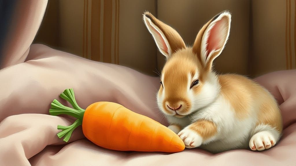 Fluffy Bunny Sleeps with Carrot Plush, Beatrix Potter Style