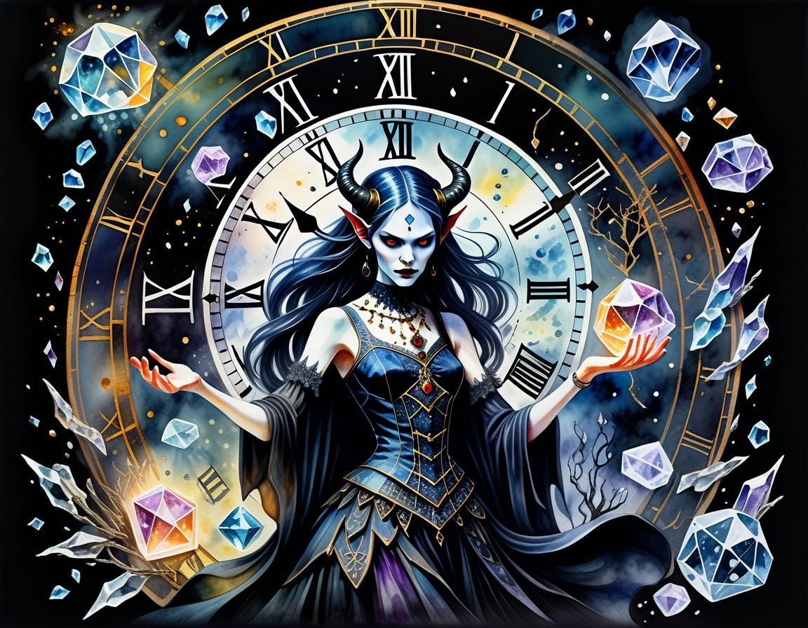 Gothic Demoness with Time Illusion, Watercolor Art
