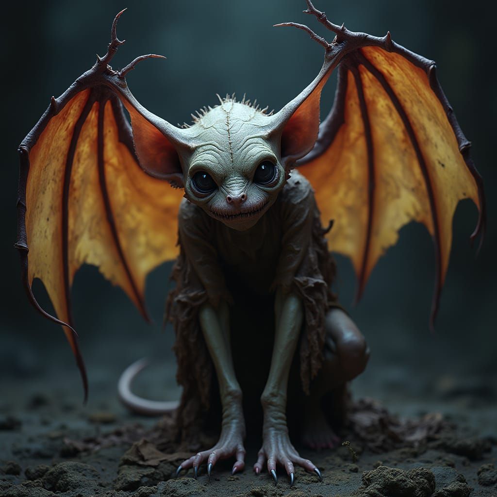 Dark Fantasy Goblin with Bat Wings in Ominous Landscape