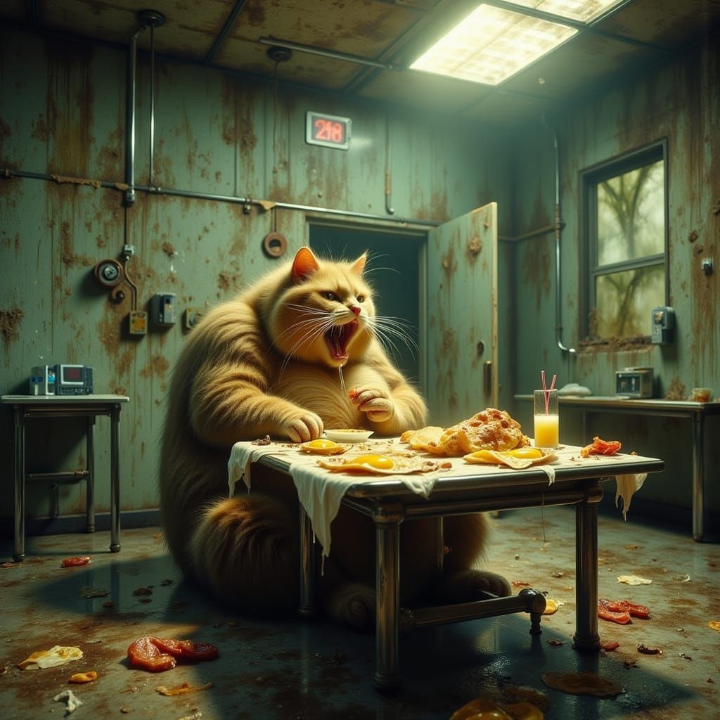 Gothic Cat Devours Breakfast in Abandoned Hospital